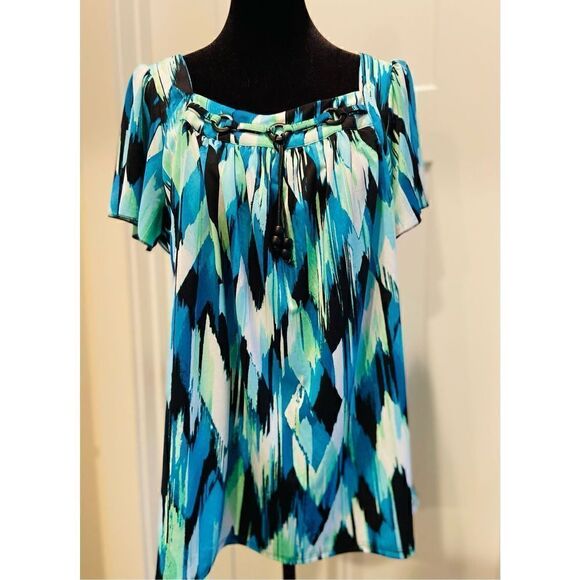 Zac & Rachel Women's Blue Watercolor Short Flutter Sleeve Petite Large Blouse - Picture 1 of 3